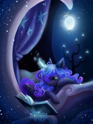 Size: 1417x1889 | Tagged: safe, artist:owl_clare, derpibooru import, princess luna, alicorn, pony, g4, bed, female, hair over one eye, in bed, lying down, magic, mare, prone, reading, solo, telekinesis