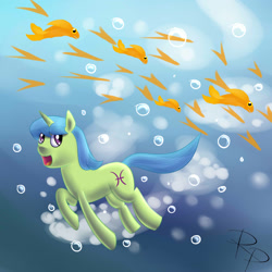 Size: 2000x2000 | Tagged: safe, artist:ruberphoenix, derpibooru import, fish, pony, unicorn, g4, bubble, crepuscular rays, female, flowing mane, flowing tail, horn, mare, ocean, open mouth, pisces, pisces (g4), ponyscopes, solo, sunlight, swimming, tail, underwater, water