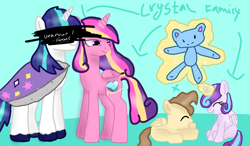 Size: 1080x630 | Tagged: safe, artist:milochanz!, derpibooru exclusive, derpibooru import, princess cadance, princess flurry heart, oc, 2022, base used, cape, clothes, colt, crystal family, female, filly, foal, magic, magic aura, male, mare, not pound cake, old art, plushie, shipping, stallion, teddy bear, unknown