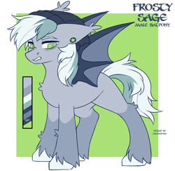 Size: 2559x2496 | Tagged: safe, artist:cheekipone, derpibooru import, oc, oc only, oc:frosty sage, bat pony, bat pony oc, bat wings, beanie, color palette, ear piercing, earring, fangs, hat, jewelry, male, piercing, reference sheet, simple background, snickering, solo, spread wings, stallion, stallion oc, standing, wings