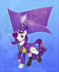 Size: 1692x2048 | Tagged: safe, artist:g4bby, derpibooru import, rarity, pony, unicorn, g4, ancient wonderbolts uniform, blue background, clothes, crystal empire flag, cute, female, flag, gradient background, horn, looking at you, mare, open mouth, open smile, sgt. rarity, shoes, simple background, smiling, smiling at you, solo, uniform, zoom layer