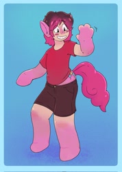 Size: 1461x2048 | Tagged: safe, artist:dondedun, derpibooru import, pinkie pie, earth pony, human, pony, g4, bean mouth, blush sticker, blushing, clothes, gradient background, human to pony, smiling, solo, species swap, transformation