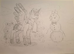 Size: 1699x1249 | Tagged: safe, artist:cluterdrop, derpibooru import, princess luna, alicorn, pony, g4, boots, bowtie, clothes, female, grin, mare, monochrome, scarf, shoes, smiling, snow, snowman, solo, spread wings, traditional art, wings