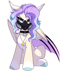 Size: 1080x1253 | Tagged: safe, artist:skyboundsiren, derpibooru import, oc, oc only, oc:dreamy nightfall, bat pony, angry, collar, ears back, female, hybrid wings, jewelry, looking at you, mask, necklace, simple background, slit eyebrow, solo, transparent background, wings