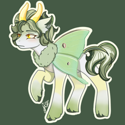 Size: 3072x3072 | Tagged: safe, artist:duckyia, derpibooru import, oc, oc only, alicorn, butterfly, insect, moth, pony, chest fluff, ear fluff, ears, eyebrows, folded wings, golden eyes, gradient hooves, green, green background, hooves, horns, raised hoof, raised leg, short hair, short mane, short tail, simple background, solo, spots, tail, unshorn fetlocks, wings