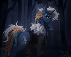 Size: 2560x2048 | Tagged: safe, artist:sweettsa1t, derpibooru import, oc, oc only, pony, unicorn, clothes, commission, ear fluff, ear tufts, ears, forest, horn, jacket, nature, solo, tree