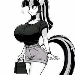 Size: 1024x1024 | Tagged: safe, ai content, derpibooru import, machine learning generated, twilight sparkle, anthro, g4, adorasexy, bag, big breasts, breasts, clothes, curvy, cute, female, handbag, headlight sparkle, hourglass figure, huge breasts, implied tail hole, monochrome, prompter:horselover fat, sexy, shirt, shorts, side view, simple background, smiling, solo, sparkles, stupid sexy twilight, tail, walking, watch, white background