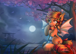 Size: 4961x3508 | Tagged: safe, artist:chaosangeldesu, derpibooru import, oc, oc only, oc:flaming hoof, bat pony, pony, bat pony oc, bat wings, braid, cherry blossoms, cloud, commission, cute, flower, flower blossom, heterochromia, leaves, moon, night, river, sitting, solo, torii, tree, water, wings