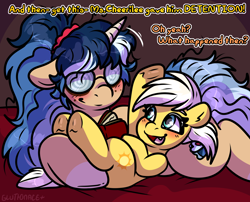 Size: 2000x1619 | Tagged: safe, artist:sexygoatgod, derpibooru import, sunny daze, oc, oc:depraved daydream, earth pony, pony, unicorn, g4, age difference, canon x oc, cuddling, cute, cute little fangs, fangs, female, filly, foal, horn, mare