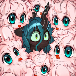Size: 1920x1920 | Tagged: safe, artist:minekoo2, derpibooru import, queen chrysalis, oc, oc:fluffle puff, changeling, changeling queen, earth pony, pony, g4, :p, canon x oc, female, mare, multeity, tongue, tongue out