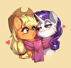 Size: 2048x1970 | Tagged: safe, artist:minekoo2, derpibooru import, applejack, rarity, earth pony, unicorn, g4, clothes, duo, duo female, female, freckles, hat, heart, horn, lesbian, mare, scarf, shared clothing, shared scarf