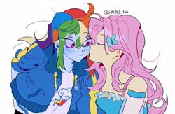 Size: 2300x1500 | Tagged: safe, artist:pelma, derpibooru import, fluttershy, rainbow dash, human, equestria girls, g4, blushing, clothes, dress, duo, duo female, female, flutterdash, jacket, kiss on the cheek, kissing, lesbian, shipping, simple background, surprise kiss, white background