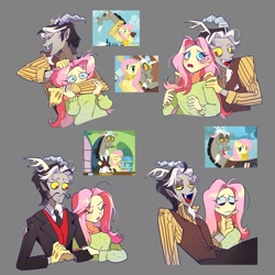 Size: 2200x2200 | Tagged: safe, artist:pelma, derpibooru import, discord, fluttershy, draconequus, human, pegasus, pony, g4, clothes, duo, duo male and female, elf ears, facial hair, female, gloves, goatee, gray background, hand on chin, headlock, holding a pony, horn, horned humanization, humanized, long tongue, male, mare, moustache, necktie, noogie, scene interpretation, screencap reference, shipping fuel, simple background, snaggletooth, suit, tongue, tongue out, waistcoat