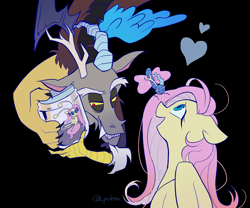 Size: 2400x2000 | Tagged: safe, artist:pelma, derpibooru import, discord, fluttershy, breezie, draconequus, pegasus, pony, g4, black background, breeziefied, discoshy, duo, duo male and female, female, floating heart, flutterbreez, heart, jar, male, mare, shipping, simple background, snaggletooth, species swap, straight