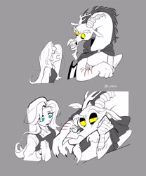 Size: 2500x3000 | Tagged: safe, artist:pelma, derpibooru import, discord, fluttershy, draconequus, human, g4, beauty and the beast, cloak, clothes, discoshy, disney, duo, duo male and female, female, gray background, gritted teeth, humanized, injured, male, scratches, sharp teeth, shipping, simple background, snaggletooth, straight, teeth