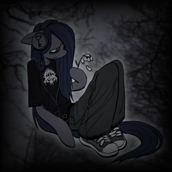 Size: 970x973 | Tagged: safe, artist:hellworldnohope, derpibooru import, oc, oc only, oc:minkie pie, anthro, earth pony, unguligrade anthro, clothes, female, flower, headphones, sad, shirt, solo, t-shirt