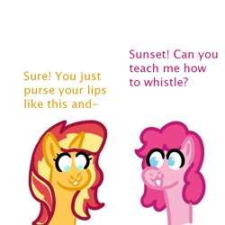 Size: 1000x1000 | Tagged: safe, artist:zoeyhorse, derpibooru import, pinkie pie, sunset shimmer, earth pony, pony, unicorn, g4, bust, dialogue, duo, duo female, female, horn, lesbian, mare, ship:sunsetpie, shipping, simple background, white background