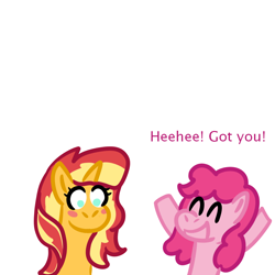 Size: 1000x1000 | Tagged: safe, artist:zoeyhorse, derpibooru import, pinkie pie, sunset shimmer, earth pony, pony, unicorn, g4, blushing, dialogue, duo, duo female, female, horn, lesbian, mare, ship:sunsetpie, shipping, simple background, smiling, surprised, white background