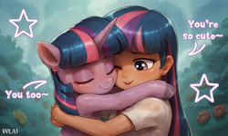 Size: 2560x1536 | Tagged: safe, ai content, derpibooru import, generator:stable diffusion, machine learning generated, twilight sparkle, unicorn twilight, human, pony, unicorn, g4, child, cute, dialogue, duo, duo female, eyes closed, female, filly, filly twilight sparkle, foal, girl, hug, hugging a pony, human female, human ponidox, human shoulders, humanized, one eye closed, open mouth, open smile, prompter:wiselynxai, self paradox, self ponidox, smiling, stars, twiabetes, unshorn fetlocks, younger