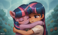 Size: 2560x1536 | Tagged: safe, ai content, alternate version, derpibooru import, generator:stable diffusion, machine learning generated, twilight sparkle, unicorn twilight, human, pony, unicorn, g4, child, cute, duo, duo female, eyes closed, female, filly, filly twilight sparkle, foal, girl, hug, hugging a pony, human female, human ponidox, human shoulders, humanized, one eye closed, open mouth, open smile, prompter:wiselynxai, self paradox, self ponidox, smiling, textless version, twiabetes, unshorn fetlocks, younger
