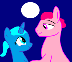 Size: 958x833 | Tagged: safe, artist:memeartboi, derpibooru import, earth pony, pony, unicorn, g4, blue background, buff, canon ship, couple, date, date night, dating, duo, duo male and female, female, happy, horn, husband and wife, looking at each other, looking at someone, male, mare, married couple, moon, moonlight, muscles, nicole watterson, non-mlp shipping, ponified, richard watterson, romance, romantic, shipping, simple background, species swap, stallion, straight, the amazing world of gumball