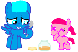 Size: 2668x1784 | Tagged: safe, artist:memeartboi, derpibooru import, earth pony, pegasus, pony, anais watterson, baby, baby pony, brother and sister, colt, cute, duo, duo male and female, female, filly, foal, food, gumball watterson, happy, male, peanut butter, ponified, sibling, sibling bonding, sibling love, siblings, simple background, sister, smiling, species swap, spoon, the amazing world of gumball, toddler, white background, younger