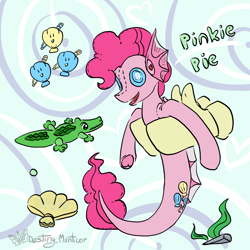 Size: 1450x1450 | Tagged: safe, artist:destiny_manticor, derpibooru import, pinkie pie, alligator, merpony, pony, seapony (g4), g4, abstract background, barrette, bubble, doll, dorsal fin, ears, female, fin, fish tail, floppy ears, flowing mane, flowing tail, hand, mare, mermay, ocean, open mouth, plushie, seaponified, seapony pinkie pie, seashell, seaweed, species swap, swimming, tail, toy, underwater, water