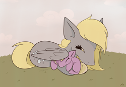 Size: 3558x2460 | Tagged: safe, artist:tkshoelace, derpibooru import, derpy hooves, dinky hooves, pegasus, pony, unicorn, g4, cloud, cuddling, duo, duo female, equestria's best mother, female, grass, horn, mother and child, mother and daughter, parent and child, sleeping