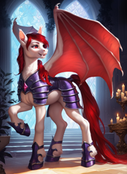 Size: 1024x1408 | Tagged: safe, ai content, derpibooru import, generator:pony diffusion v6 xl, generator:stable diffusion, machine learning generated, oc, oc only, bat pony, pony, g4, armor, bat wings, fangs, female, guard, mare, prompter:star-dragon, solo, wings
