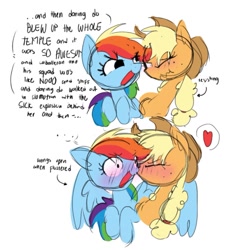 Size: 1137x1217 | Tagged: safe, artist:appledash3r_, derpibooru import, applejack, rainbow dash, earth pony, pegasus, pony, g4, ..., 2 panel comic, appledash, applejack's hat, blonde, blonde mane, blue coat, blushing, clothes, colored sketch, comic, cowboy hat, dialogue, duo, duo female, eyelashes, female, flustered, freckles, hat, information dump, information dumping, kiss on the cheek, kissing, lesbian, long mane, looking at each other, looking at someone, mare, multicolored hair, multicolored mane, narrowed eyes, no catchlights, nose wrinkle, one eye closed, open mouth, open smile, orange coat, ponytail, rainbow hair, raised hooves, scrunchy face, shipping, shrunken pupils, sketch, smiling, smiling at someone, speech bubble, spread wings, talking, text, tied mane, wingboner, wings