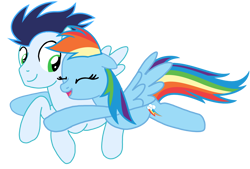 Size: 2856x1935 | Tagged: artist needed, safe, derpibooru import, rainbow dash, soarin', pegasus, pony, g4, duo, duo male and female, female, flying, hug, male, mare, shipping, simple background, soarindash, stallion, straight, transparent background