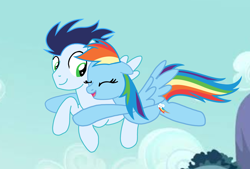 Size: 2856x1935 | Tagged: artist needed, safe, derpibooru import, rainbow dash, soarin', pegasus, pony, g4, duo, duo male and female, female, flying, hug, male, mare, shipping, soarindash, stallion, straight