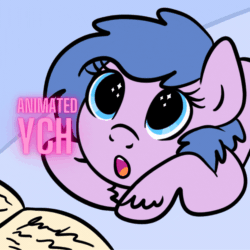 Size: 1080x1080 | Tagged: safe, artist:lannielona, derpibooru import, oc, oc only, pony, advertisement, animated, bed, bedtime, bedtime story, commission, female, gif, looking up, mare, open mouth, solo, sparkly eyes, unshorn fetlocks, wingding eyes, your character here
