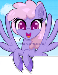 Size: 1550x2000 | Tagged: safe, artist:scandianon, derpibooru import, rainbowshine, pegasus, pony, g4, cloud, cute, dialogue, female, happy, looking at you, mare, open mouth, open smile, sky, smiling, spread wings, talking, talking to viewer, wings
