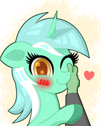 Size: 1600x2000 | Tagged: safe, artist:scandianon, derpibooru import, lyra heartstrings, oc, oc:anon, human, pony, unicorn, blush scribble, blushing, caress, ears, female, floppy ears, heart, horn, human on pony petting, human pov, looking at you, mare, offscreen character, offscreen human, one eye closed, petting, smiling