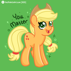 Size: 2000x2000 | Tagged: safe, artist:redpalette, derpibooru import, applejack, earth pony, pony, g4, cute, female, mare, open mouth, open smile, positive ponies, smiling, text