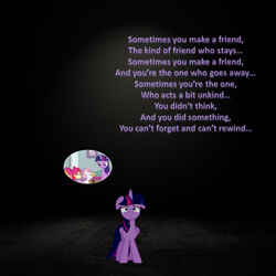Size: 957x957 | Tagged: artist needed, safe, anonymous artist, artist:craftybrony, derpibooru import, edit, edited screencap, screencap, apple bloom, scootaloo, sweetie belle, twilight sparkle, alicorn, earth pony, pegasus, pony, unicorn, g4, marks for effort, alternate scenario, apple bloom's bow, betrayal, betrayed, bow, crying, cutie mark crusaders, dark background, dialogue in the description, ears, fanfic in the description, female, filly, floppy ears, foal, hair bow, horn, implied betrayal, karma, mare, regret, retribution, song in the description, song reference, thomas and friends, thomas the tank engine