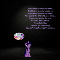 Size: 957x957 | Tagged: artist needed, safe, anonymous artist, artist:craftybrony, derpibooru import, edit, edited screencap, screencap, apple bloom, scootaloo, sweetie belle, twilight sparkle, alicorn, earth pony, pegasus, pony, unicorn, g4, marks for effort, alternate scenario, apple bloom's bow, betrayal, betrayed, bow, crying, cutie mark crusaders, dark background, dialogue in the description, ears, fanfic in the description, female, filly, floppy ears, foal, hair bow, horn, implied betrayal, karma, mare, regret, retribution, song in the description, song reference, the truth hurts, thomas and friends, thomas the tank engine, what have i done