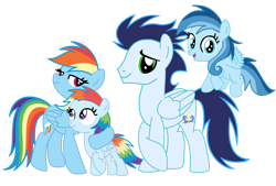 Size: 2856x1935 | Tagged: artist needed, safe, derpibooru import, rainbow dash, soarin', oc, oc:ragtag, oc:shooting star, pegasus, pony, female, filly, foal, male, mare, offspring, parent:rainbow dash, parent:soarin', parents:soarindash, shipping, siblings, simple background, soarindash, stallion, straight, transparent background, twins