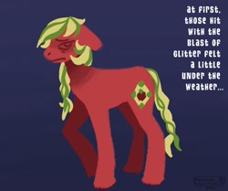 Size: 1560x1302 | Tagged: safe, artist:venus_ai_, derpibooru import, part of a set, applejack (g3), earth pony, pony, g3, blue background, infected, infection, infection au, mlp infection, raised leg, red coat, scared, sick, signature, simple background, tail, this will end in death, this will end in pain, this will end in tears, this will end in tears and/or death, this will not end well, two toned mane, two toned tail, worried