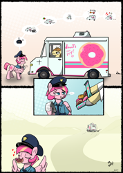 Size: 3255x4566 | Tagged: safe, artist:n-o-n, derpibooru import, donut joe, oc, oc:sweet serving, pegasus, pony, unicorn, blue eyes, clothes, comic, corrupted, donut, female, food, freckles, happy, hat, heart, horn, mouth hold, necktie, pink pony, police, police officer, police pony, police uniform, simple background, smiling, truck, uniform