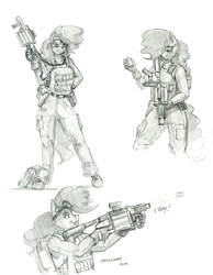 Size: 1050x1350 | Tagged: safe, artist:baron engel, derpibooru import, pinkie pie, anthro, earth pony, unguligrade anthro, g4, female, grenade launcher, mare, monochrome, multiple grenade launcher, pencil drawing, traditional art, weapon