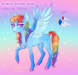 Size: 3324x3184 | Tagged: safe, artist:mammalian_alien, derpibooru import, rainbow dash, pegasus, pony, g4, alternate design, alternate hairstyle, coat markings, colored wings, concave belly, eyelashes, eyeshadow, facial markings, female, glitter, gradient background, human lips, makeup, mare, multicolored hair, multicolored mane, multicolored tail, raised hoof, raised leg, redesign, reference sheet, ringlets, solo, sparkles, sparkly hooves, spread wings, tail, two toned wings, wings