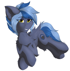 Size: 2390x2426 | Tagged: safe, artist:flapstune, derpibooru import, oc, oc only, oc:pixi feather, pegasus, pony, g4, chest fluff, cutie mark, ear fluff, ears, female, fluffy, golden eyes, looking at you, lying down, mare, pegasus oc, signature, simple background, smiling, smiling at you, transparent background, wings