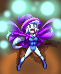 Size: 2450x2940 | Tagged: safe, artist:shadowhawx, derpibooru import, trixie, human, equestria girls, g4, blue leotard, boots, breasts, clothes, female, high res, leotard, looking up, magic, magic show, open mouth, open smile, shoes, smiling, solo, spread arms, titsie