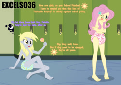 Size: 935x661 | Tagged: safe, artist:excelso36, derpy hooves, fluttershy, human, barefoot, blushing, canterlot high, diaper, diaper fetish, diapered, embarrassed, happy, implied princess celestia, implied princess luna, lockers, non-baby in diaper, nudity, partial nudity, rattle