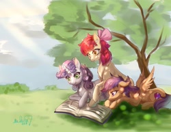 Size: 1606x1242 | Tagged: safe, artist:mrdelta1, derpibooru import, apple bloom, scootaloo, sweetie belle, earth pony, pegasus, pony, unicorn, g4, apple bloom's bow, book, bow, chest fluff, cutie mark crusaders, dappled sunlight, ear fluff, ears, female, filly, foal, hair bow, horn, leg fluff, lying down, prone, reading, signature, spread wings, the cmc's cutie marks, tree, under the tree, wings