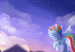 Size: 3665x2568 | Tagged: safe, artist:nnaly, derpibooru import, rainbow dash, pegasus, pony, g4, cloud, facing away, female, flying, high res, mare, missing cutie mark, mountain, night, night sky, outdoors, signature, sky, solo, spread wings, stars, tail, wings
