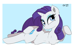 Size: 1936x1227 | Tagged: safe, artist:bunbunmuffinart, artist:bunbunmuffins, derpibooru import, part of a set, rarity, pony, unicorn, g4, belly, blue background, chest fluff, draw me like one of your french girls, explicit source, eyeshadow, female, fluffy, horn, looking at you, lying down, makeup, mare, signature, simple background, solo, sultry pose, tail
