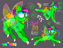 Size: 2048x1574 | Tagged: safe, artist:cocopudu, derpibooru import, oc, oc only, oc:stink bug, bug pony, insect, pony, antennae, beanbrows, beauty mark, cheek fluff, chest fluff, color palette, colored hooves, colored wings, ear fluff, ear tufts, ears, eyebrows, eyestrain warning, fairy wings, flying, glasses, gradient mane, gradient tail, gray background, insect wings, leg fluff, multicolored wings, name, nonbinary, open mouth, open smile, pronouns, reference sheet, round glasses, simple background, smiling, solo, swirly glasses, tail, transparent wings, tusk, underbite, wings